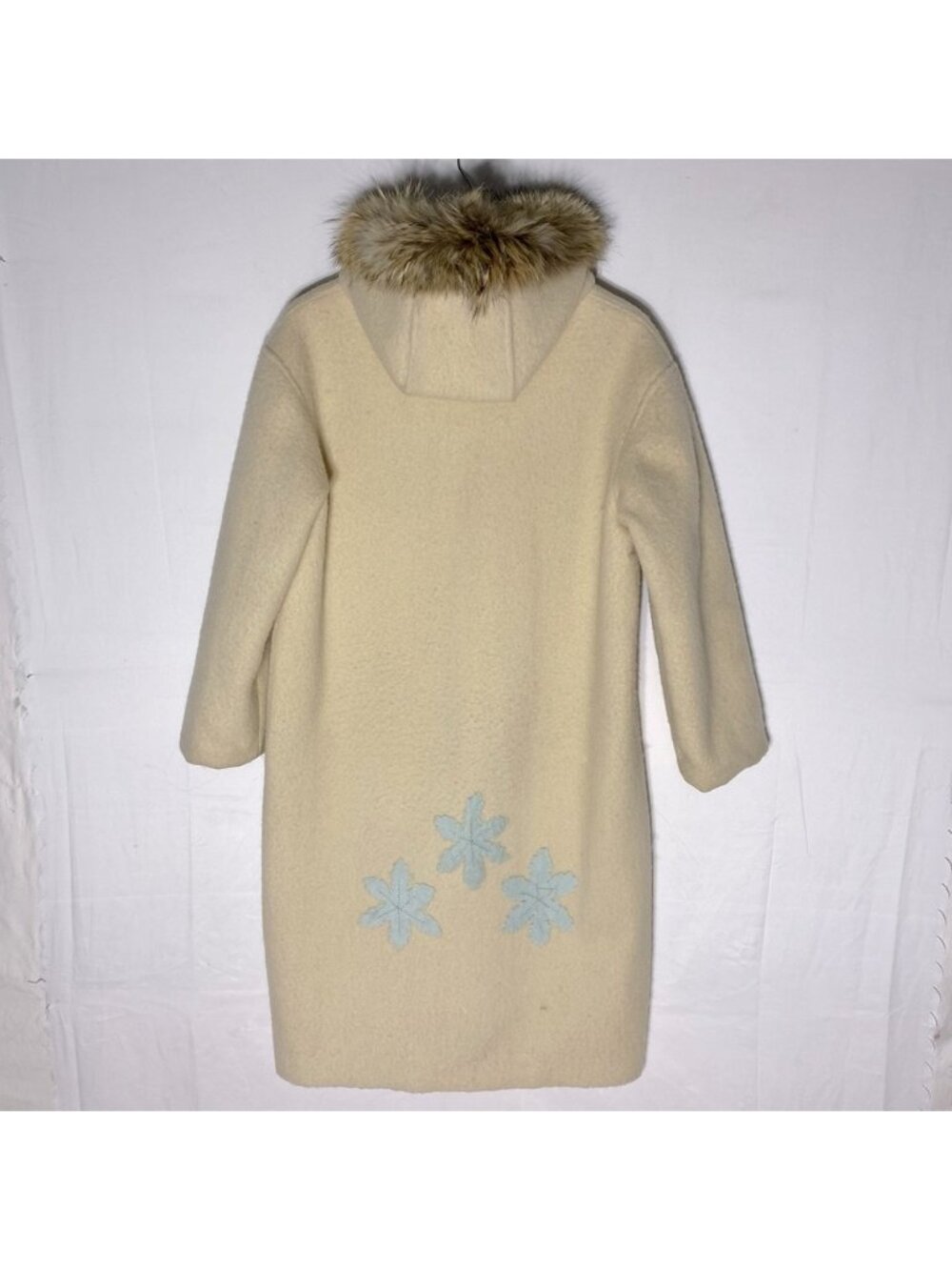 Vintage Handmade Cream Wool Zip Front Parka W Snowflakes & Fur Trim M